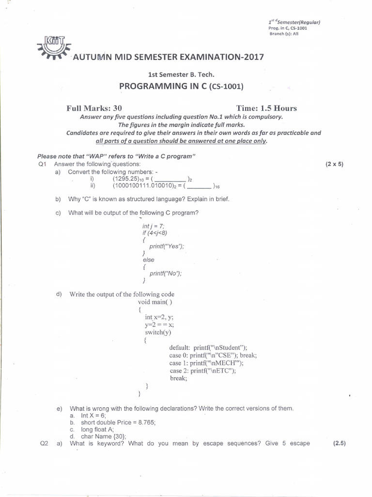 1st Mid Sem Programming in C CS-1001 2017 | PDF