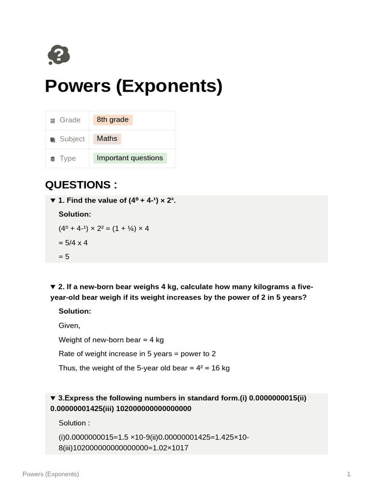 Exponents and Powers: Grade 8 Questions | PDF | Weight | Exponentiation