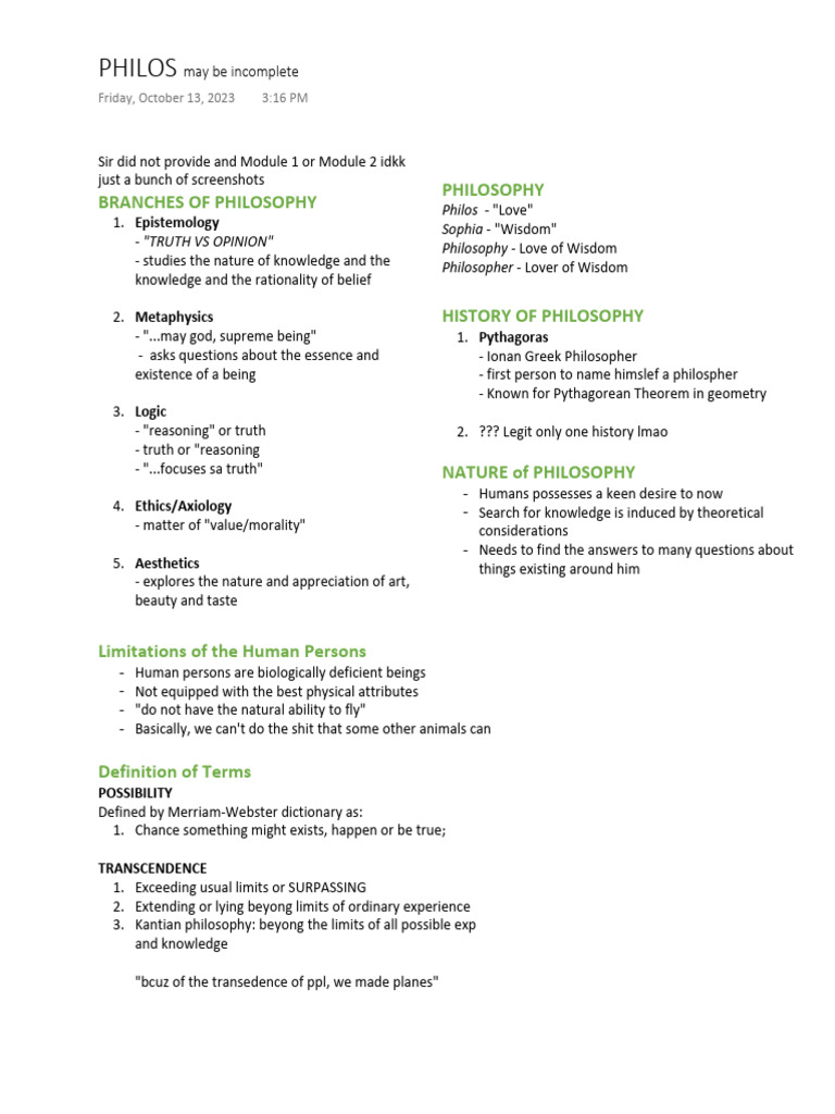 Philo Reviewer Pdf Transcendence Philosophy Truth