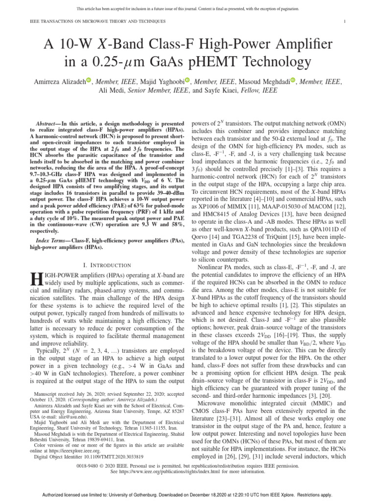 A 10W XBand ClassF HighPower Amplifier in a 0.25μm GaAs pHEMT