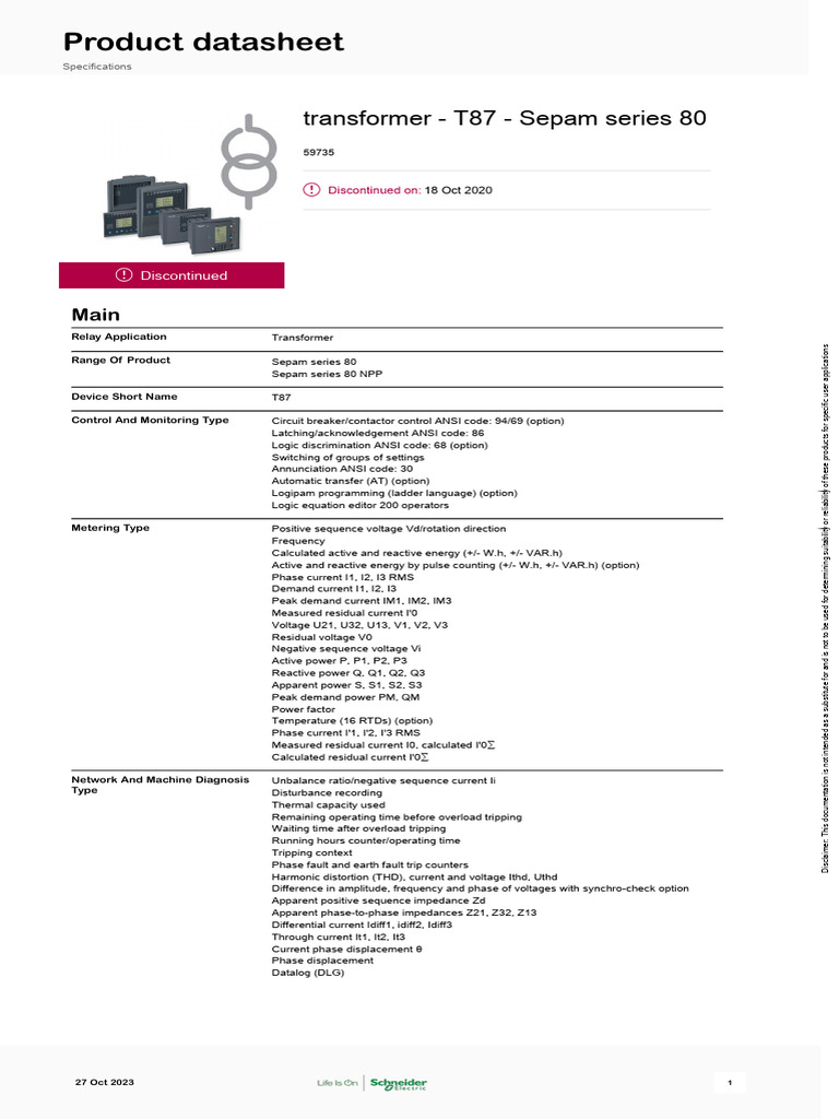 Sepam T87 Series 80 Overview | PDF | Ac Power | Electric Power