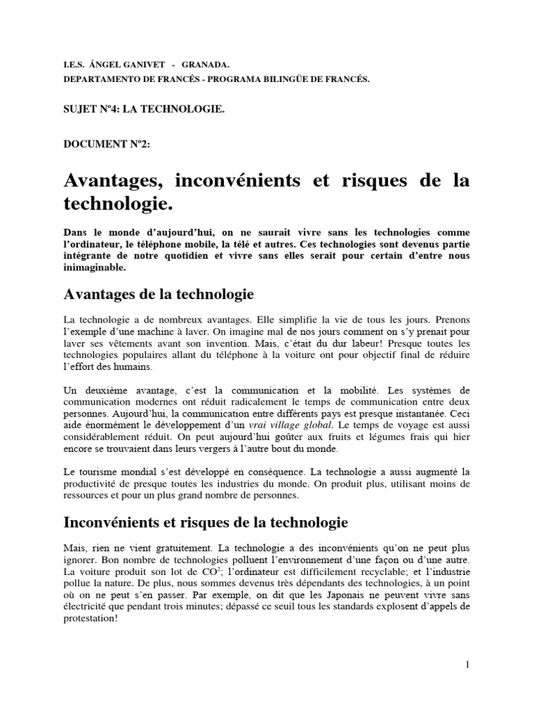 Avantages et inconvénients de la technologie | PDF