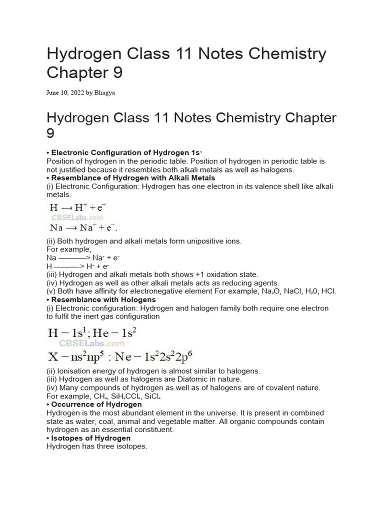 Hydrogen Notes PDF Hydride Hydrogen