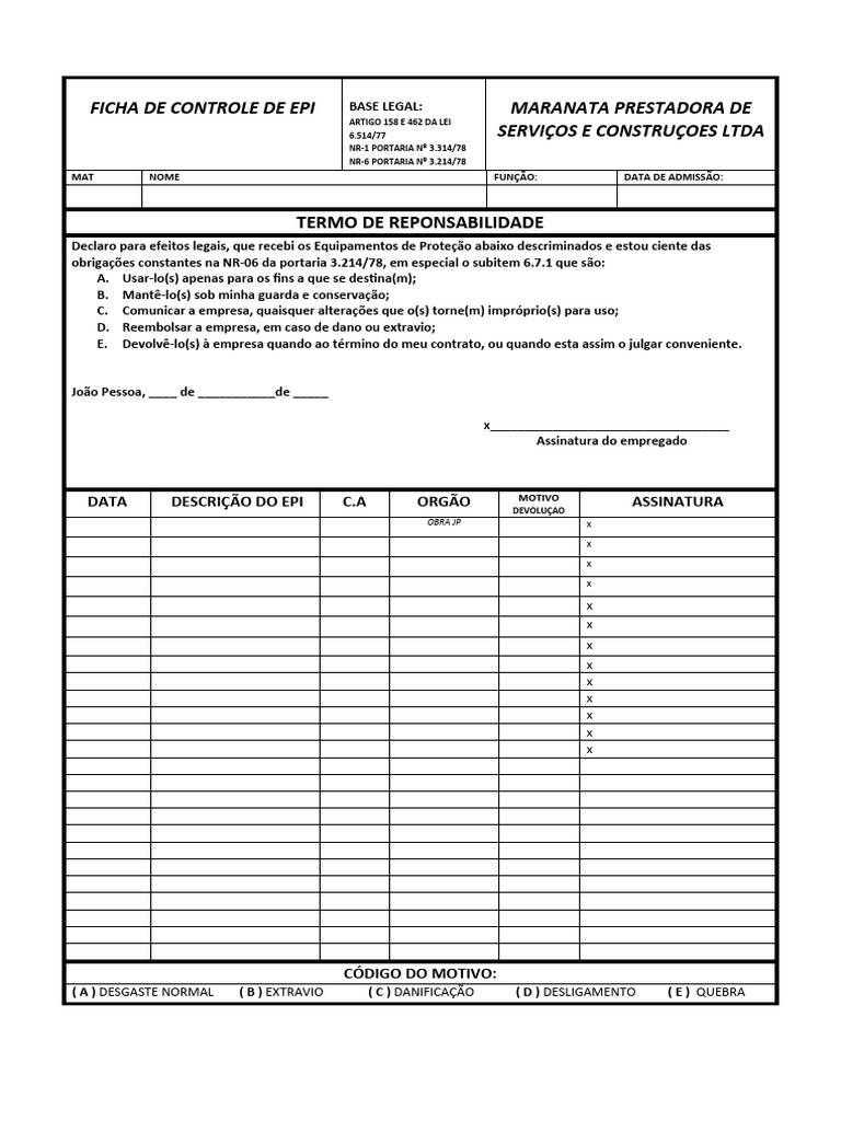 1-Ficha de Epi - em Branco | Download grátis PDF | Justiça | Crime e ...