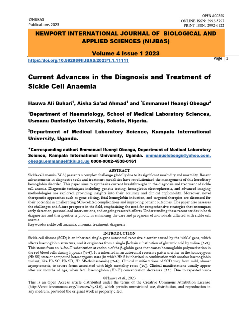 Current Advances in The Diagnosis and Treatment of Sickle Cell Anaemia ...