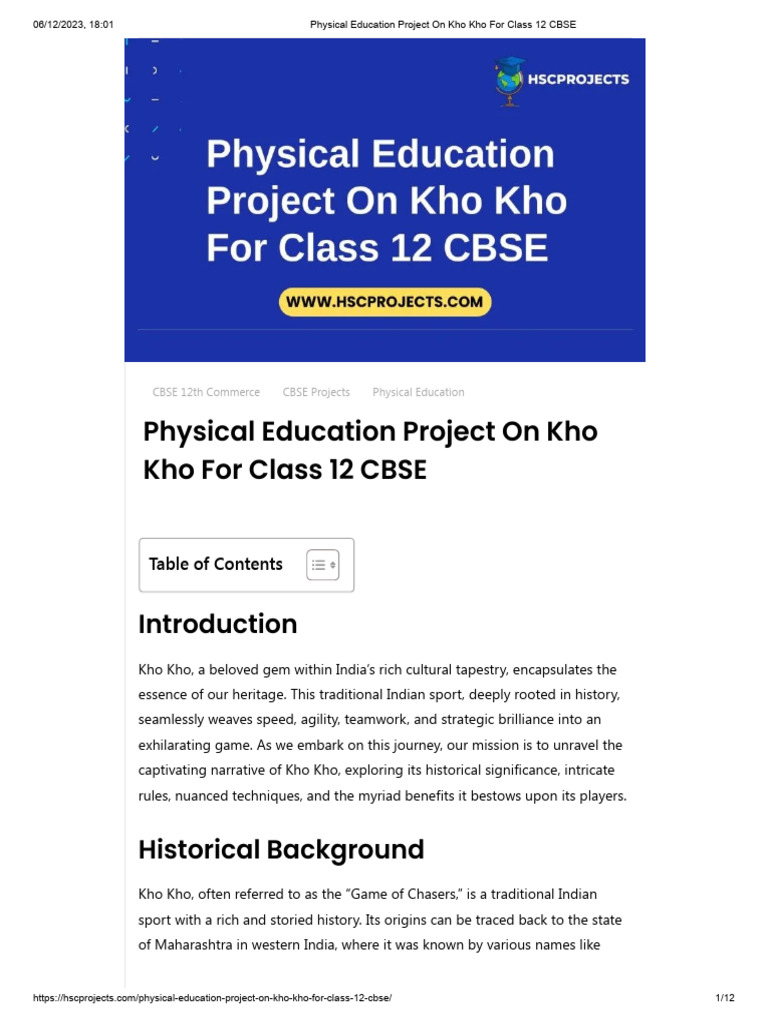 Physical education project on kho kho for class 12 cbse pdf