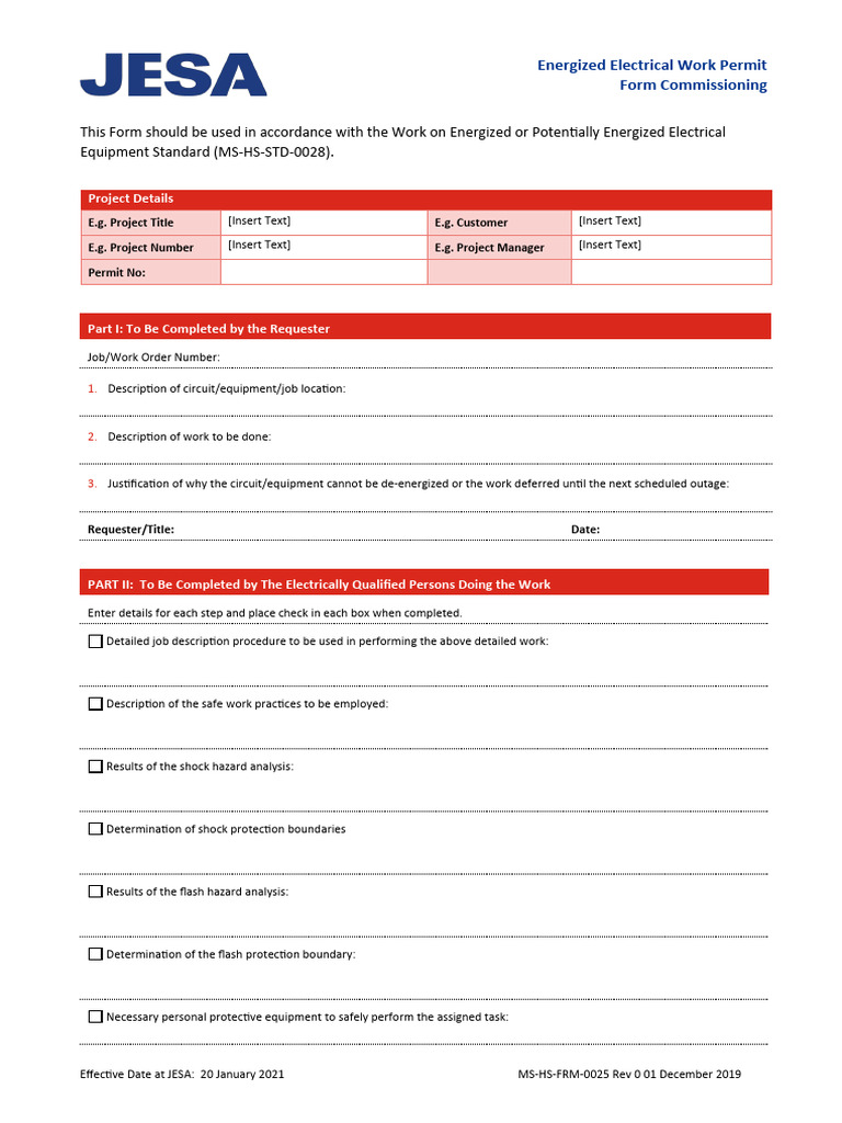 MS-HS-FRM-0025 Energized Electrical Work Permit Form | Download Free ...