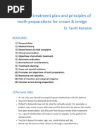 Diagnosis, Treatment Plan and Principles of Tooth Preparations For Crown & Bridge