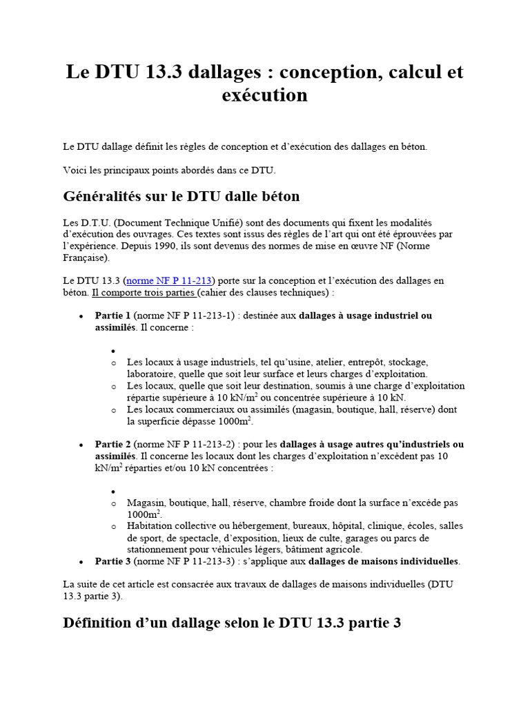 DTU 13.3 : Dallages en béton expliqués | PDF | Béton | Code de la ...