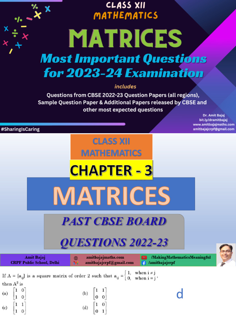 Class XII MATRICES Most Important Questions For 202324 Examination (Dr. Amit Bajaj) PDF