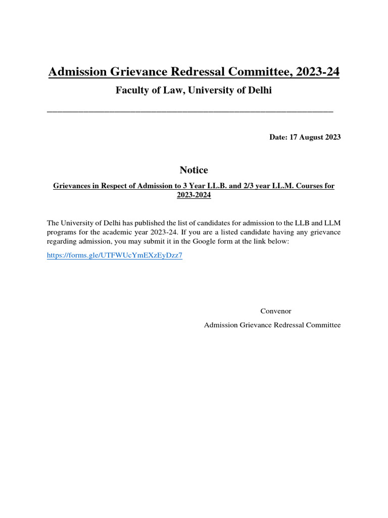 Final Final DU LL B & LLM Admission Grievance Notice 5 | PDF | Business ...