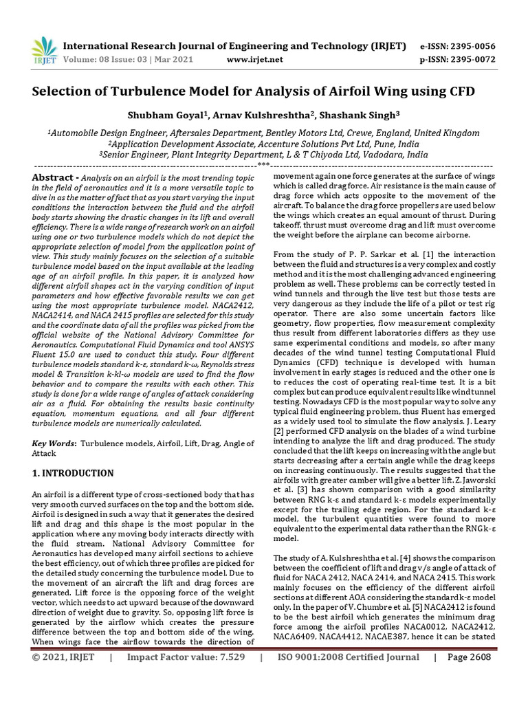 IRJET Selection of Turbulence Model For | PDF | Lift (Force) | Turbulence