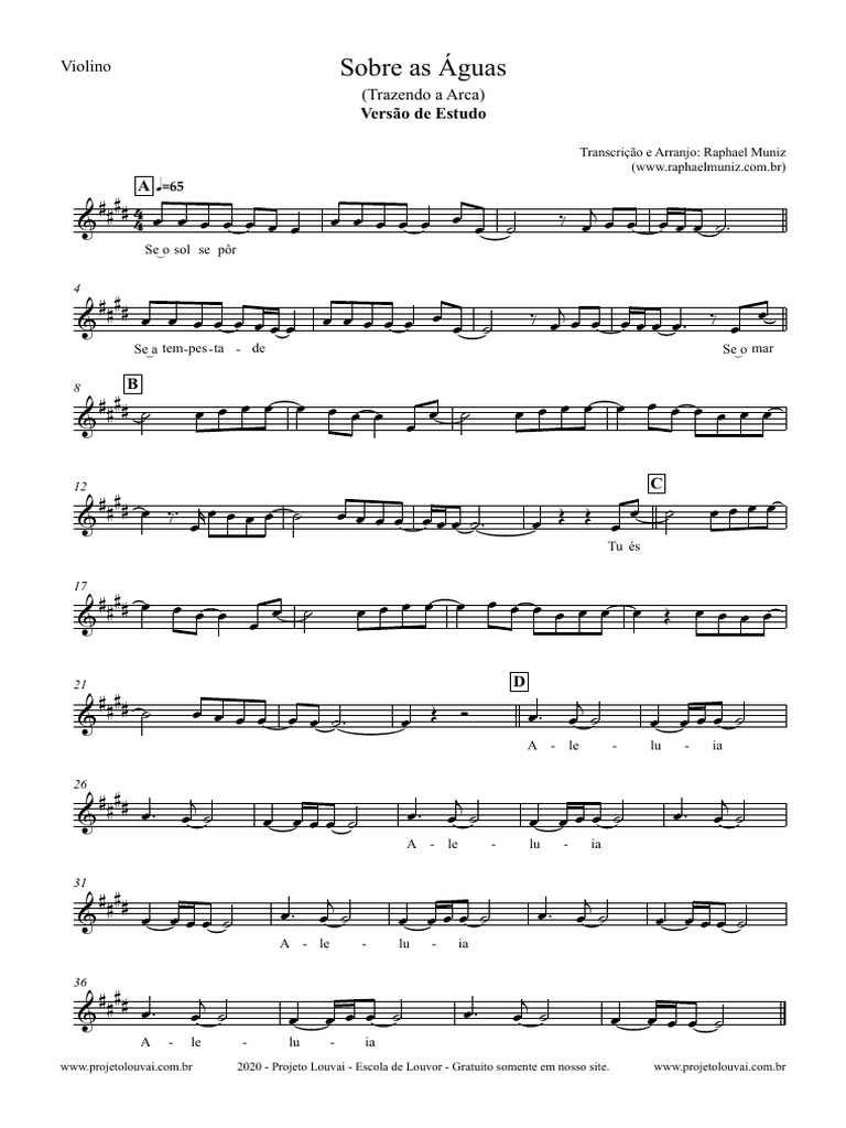 Partituras Gratis Da Musica Sobre As Aguas Versao de Estudo para Violino Do  Ministerio Trazendo A Arca Gospel Gratuito Tom Mi Maior | PDF, image size:768x1024