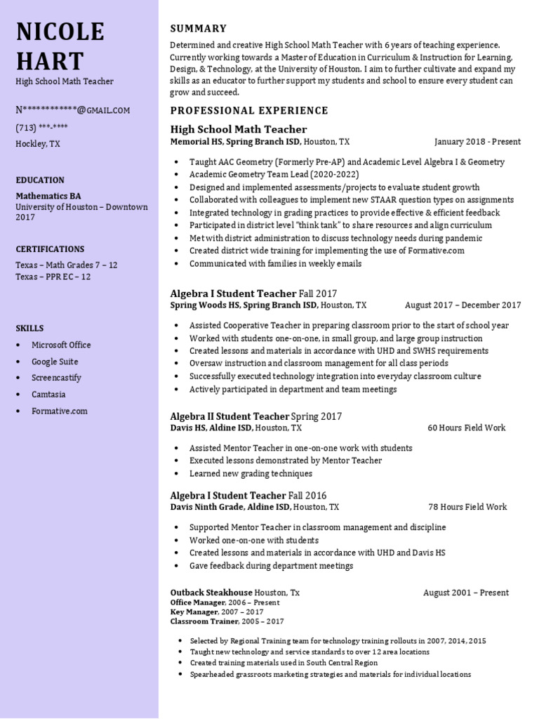 Nicole Hart Resume 2023 No Contact Info PDF Mathematics Teachers