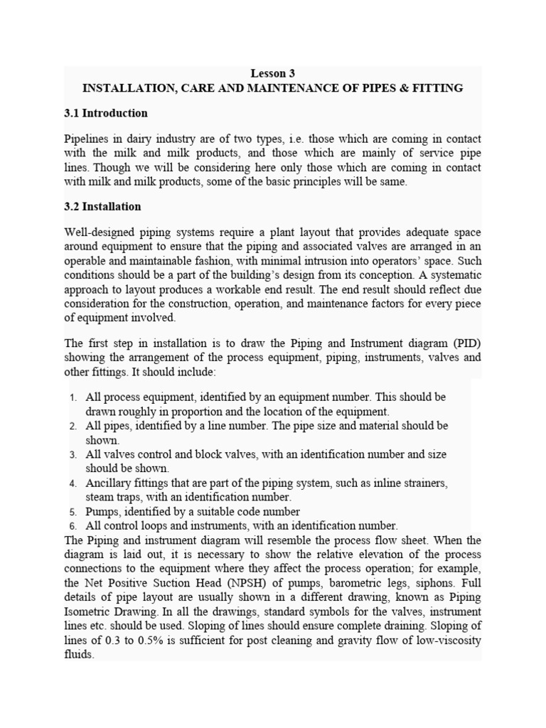Dairy Pipeline Installation & Maintenance Guide | PDF | Pipe (Fluid ...