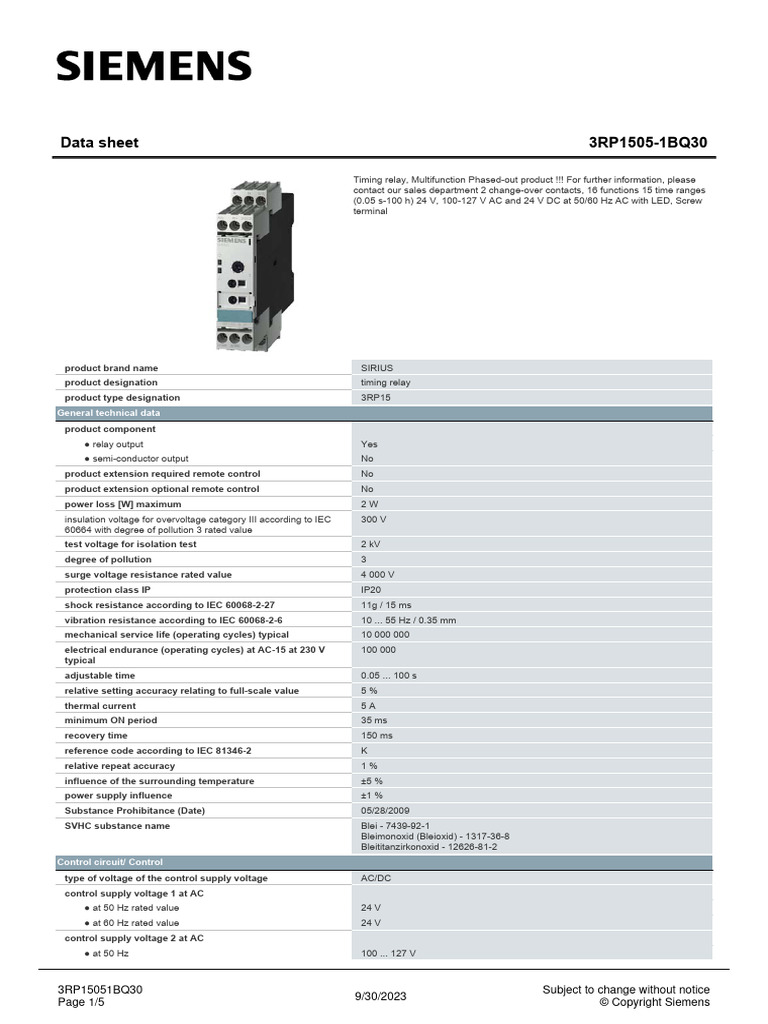 3RP15051BQ30 Datasheet en | PDF | Alternating Current | Relay