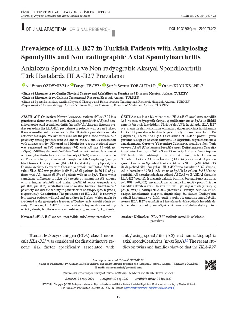 Prevalence of HLA-B27 in Turkish Patients With Ankylosing | PDF