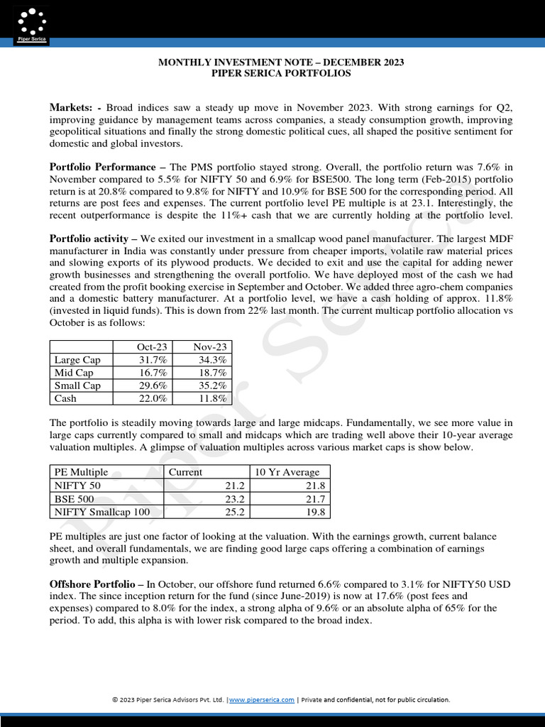 Piper Serica Monthly Portfolio Note | PDF | Valuation (Finance) | Investing