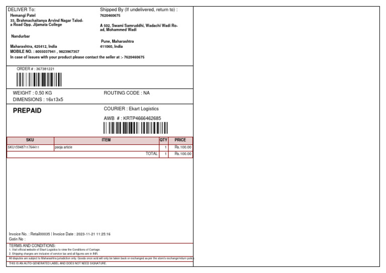 Prepaid: Deliver To: Shipped by (If Undelivered, Return To) | PDF