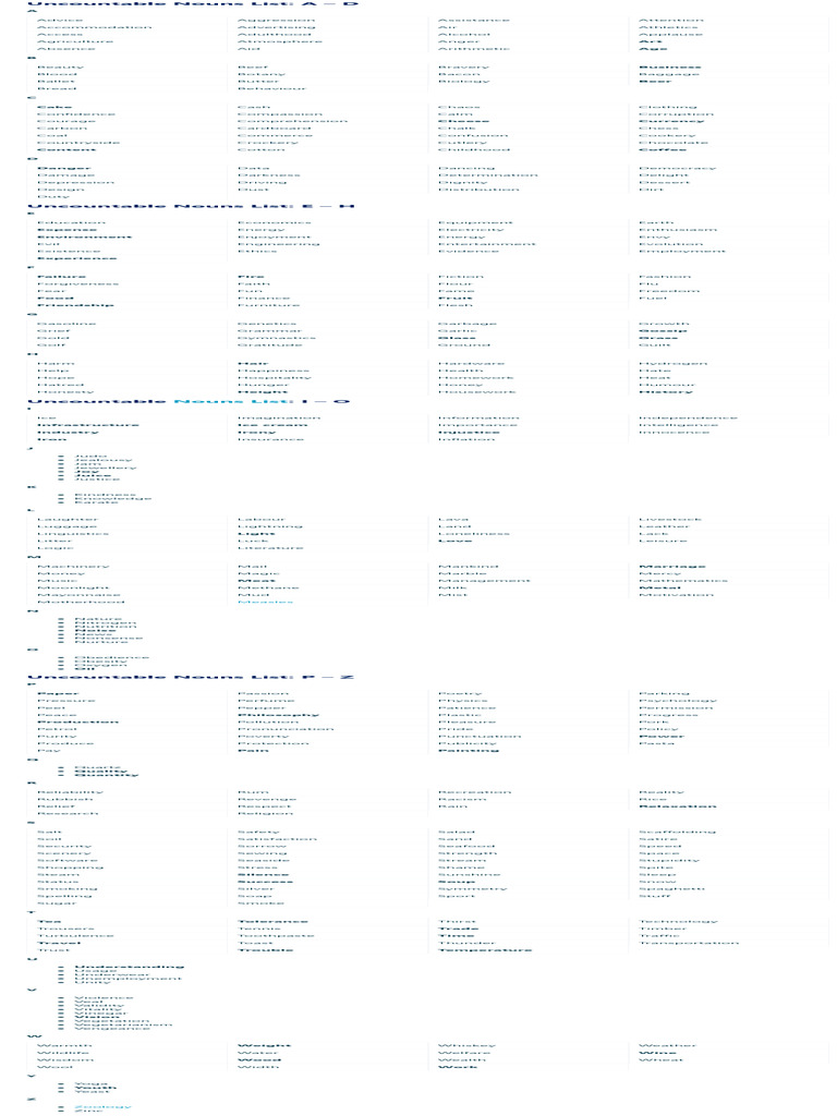 200+ Uncountable Noun Examples | PDF | Noun | Semantic Units