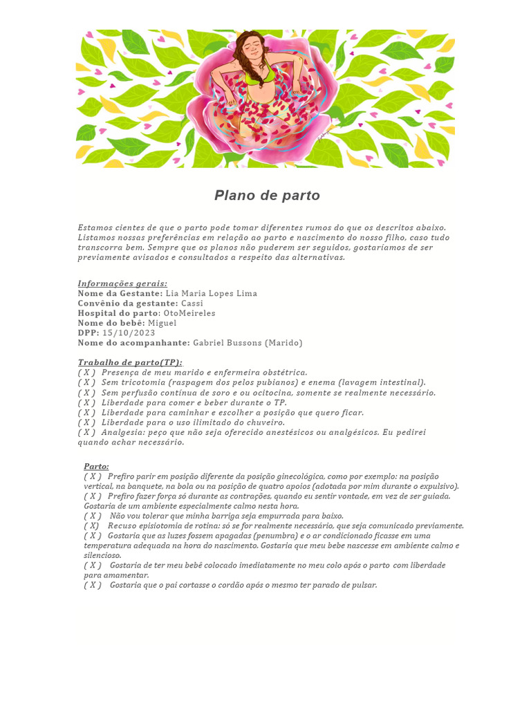 Plano de Parto - Lia Bussons | PDF | Parto | Amamentação