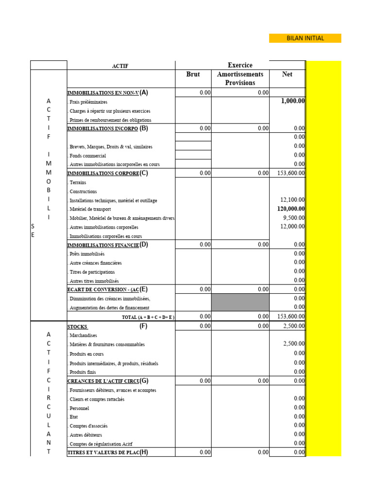Bilan Initial Comptable Simplifié | PDF | Immobilisations | Capitaux ...