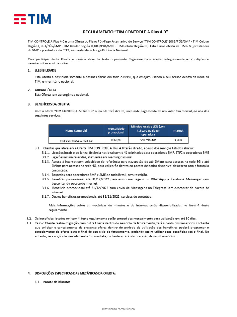 Regulamento TIM Controle A Plus 4.0 | PDF | Internet | Aplicativo para ...