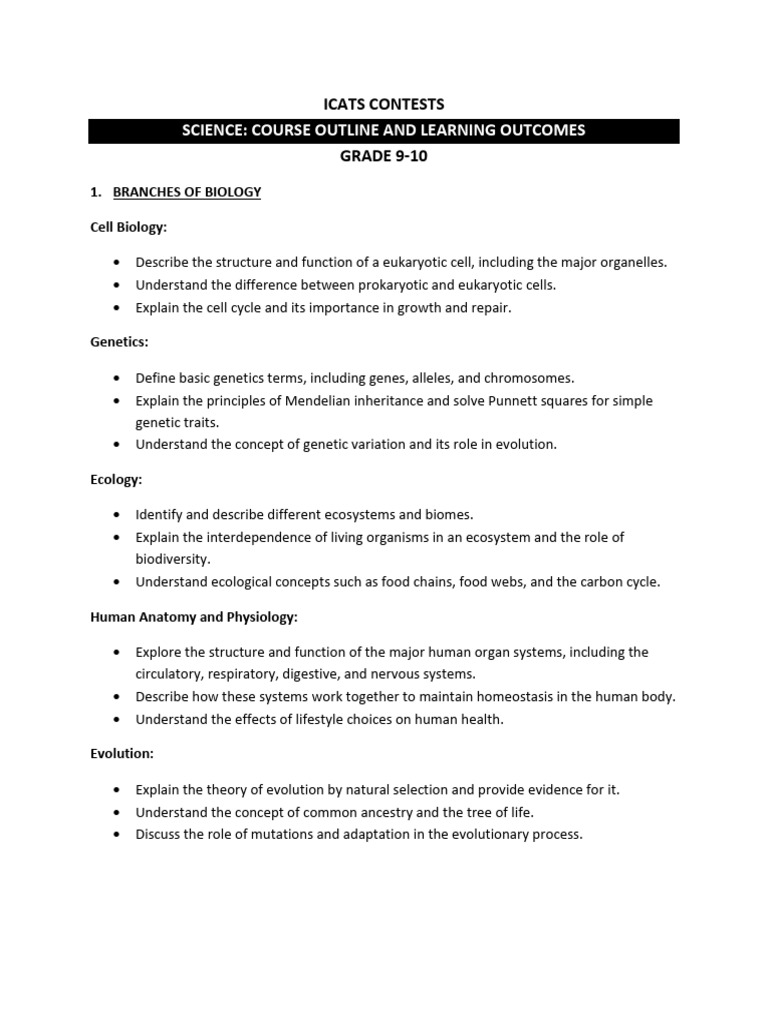 Icats Contests Science Course Outline and Learning Outcomes Grade 9 10