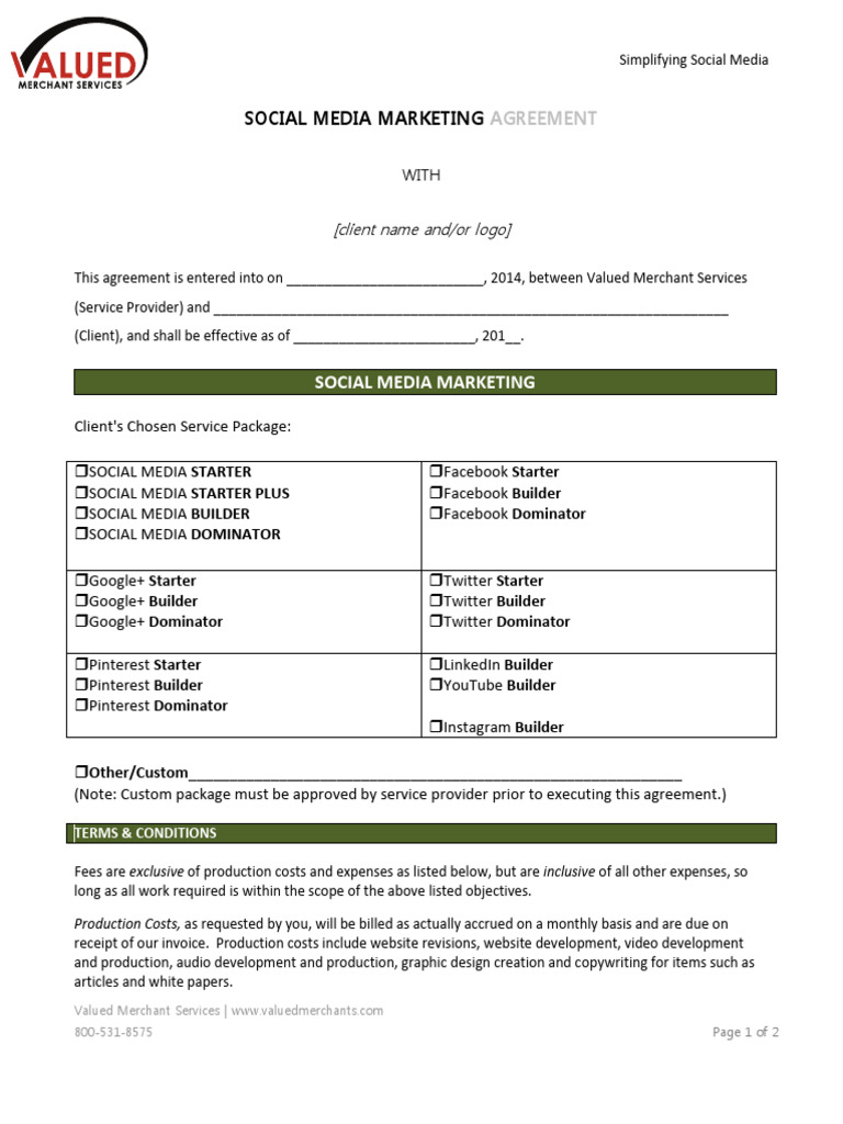 Printable Social Media Marketing Agreement PDF Receipt Invoice