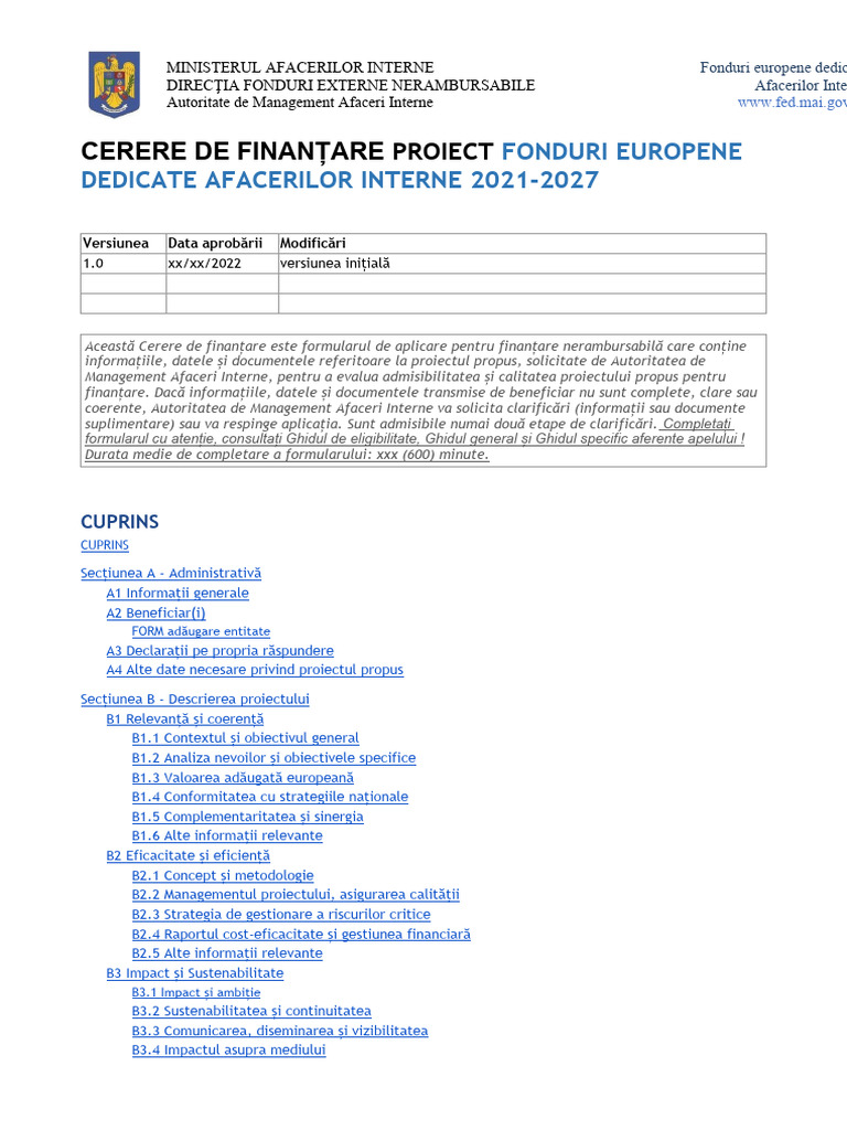CERERE DE FINANTARE Model Formular Draft1 4site | PDF