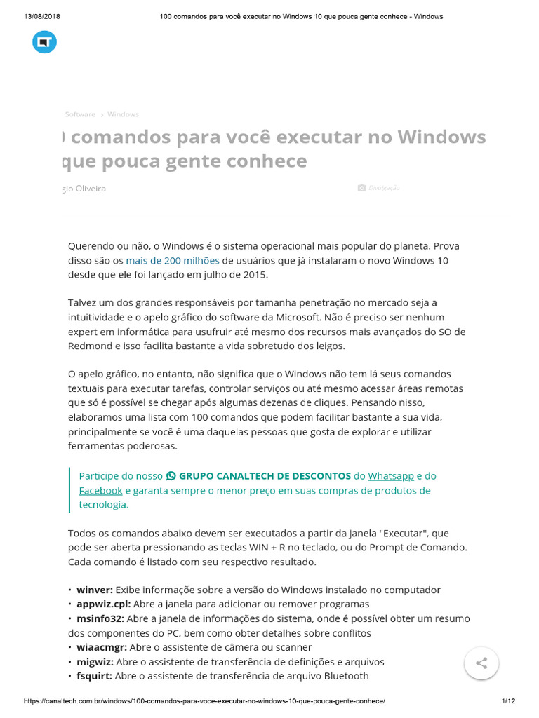 100 Comandos - Windows 10 - Executar - CMD - Prompt | PDF | Microsoft ...
