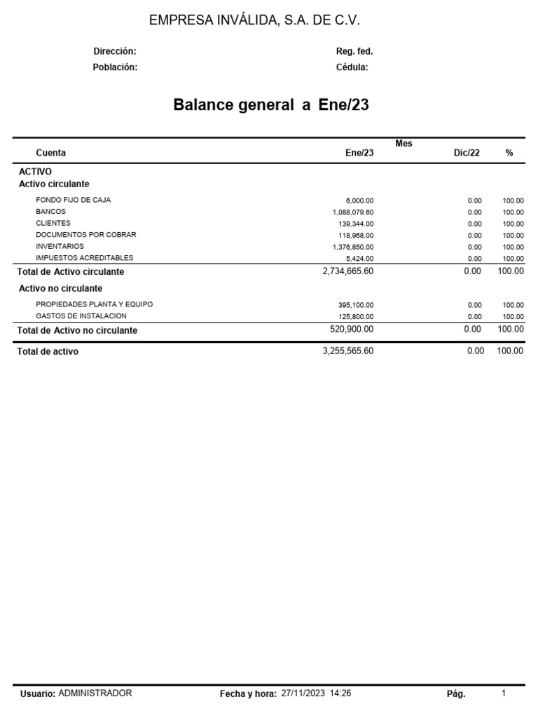 Balance General Empresa Inválida 2023 | PDF | Contabilidad | Hoja de ...
