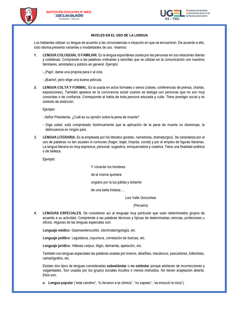 Niveles en El Uso de La Lengua | PDF | Artes del Lenguaje y ...