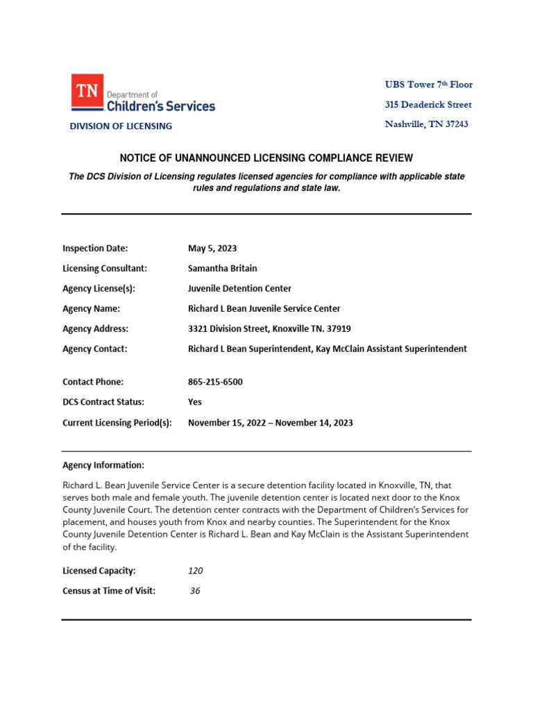 Notice of Unannounced Licensing Compliance Review | PDF | Prison | Justice