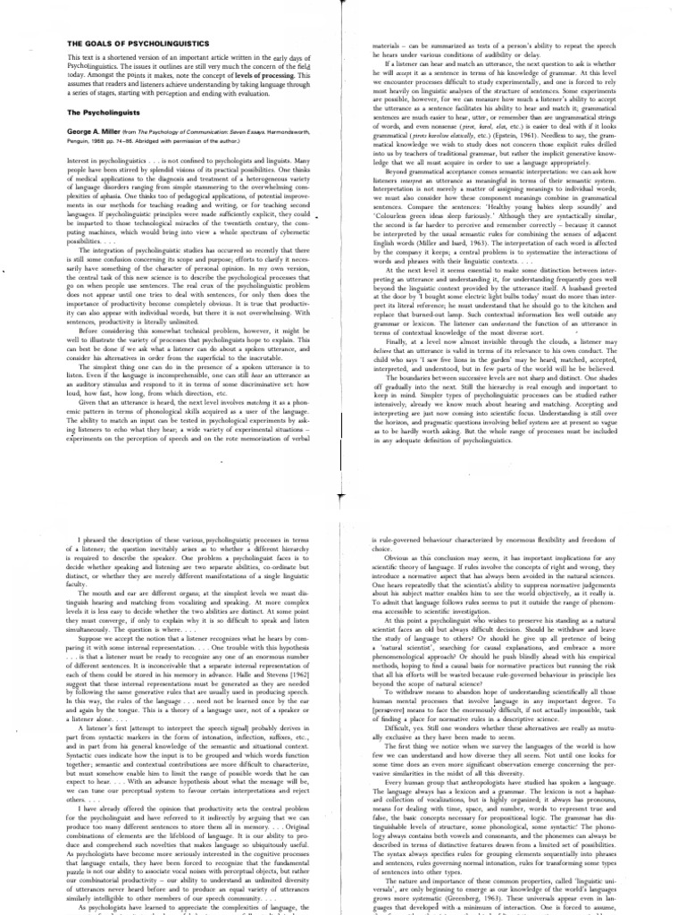 Reading - The Goals of Psycholinguistics (George A. Miller) | PDF ...
