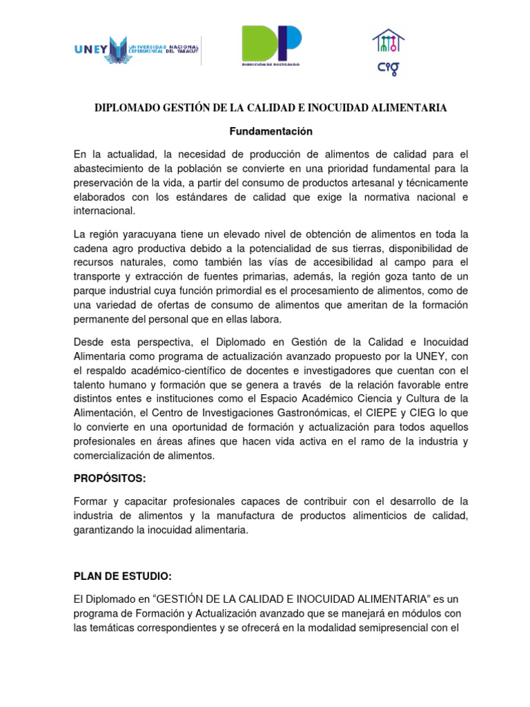 Programa Diplomado Gestión de La Calidad e Inocuidad de Los Alimentos ...