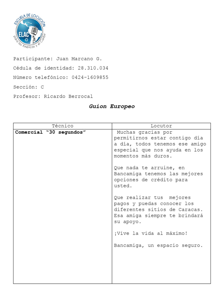 Guion de Los Tipos de Locución ELAC | PDF | Venezuela