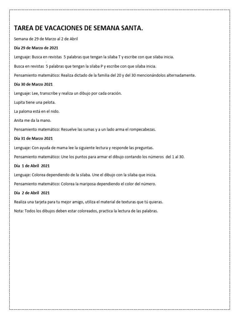 Tarea de Vacaciones de Semana Santa | PDF