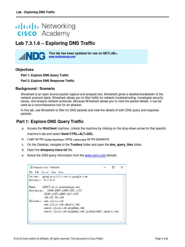 7.3.1.6 Lab Exploring DNS Traffic PDF Domain Name System