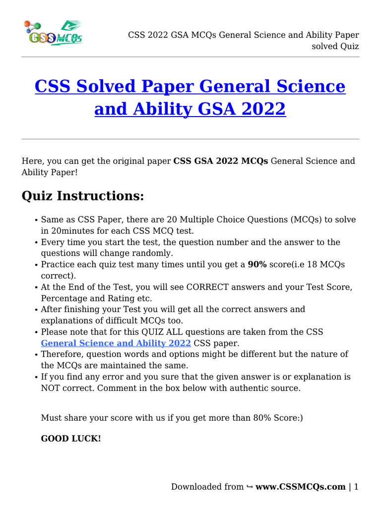 CSS 2022 GSA MCQs General Science and Ability Paper Solved Quiz | PDF ...