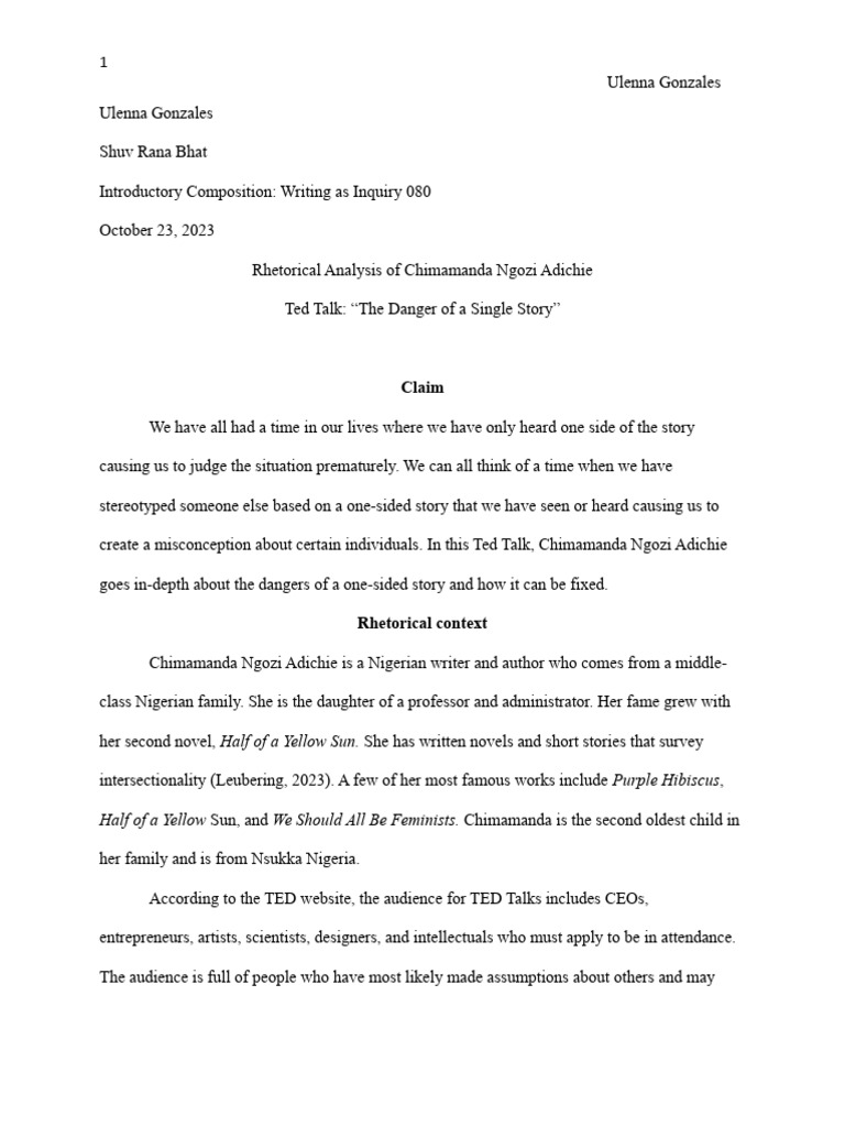 chimamanda ngozi adichie ted talk rhetorical analysis