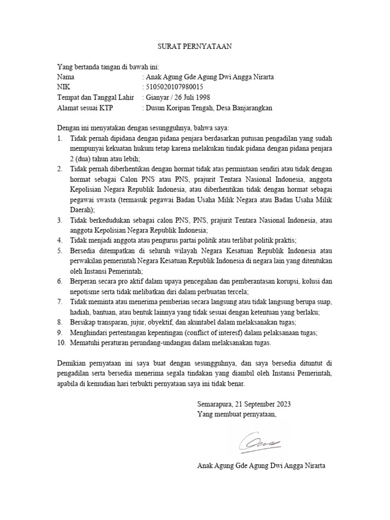 Surat pernyataan 10 point pdf
