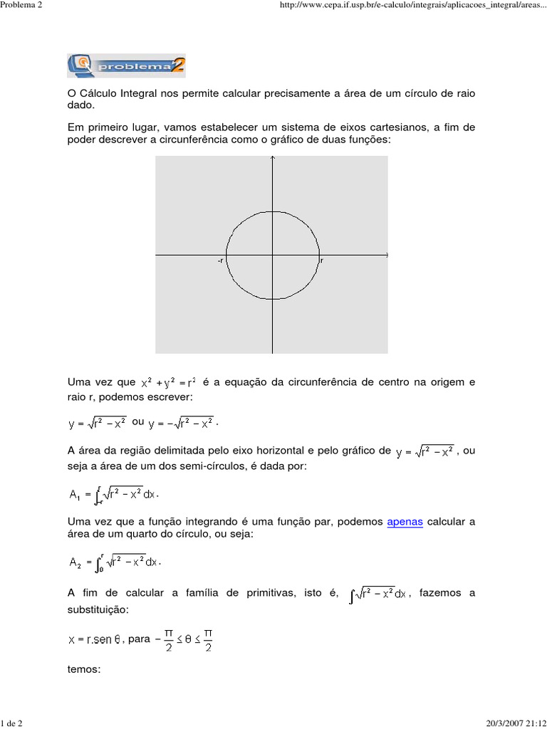 Cálculo da Área do Círculo por Integral | PDF