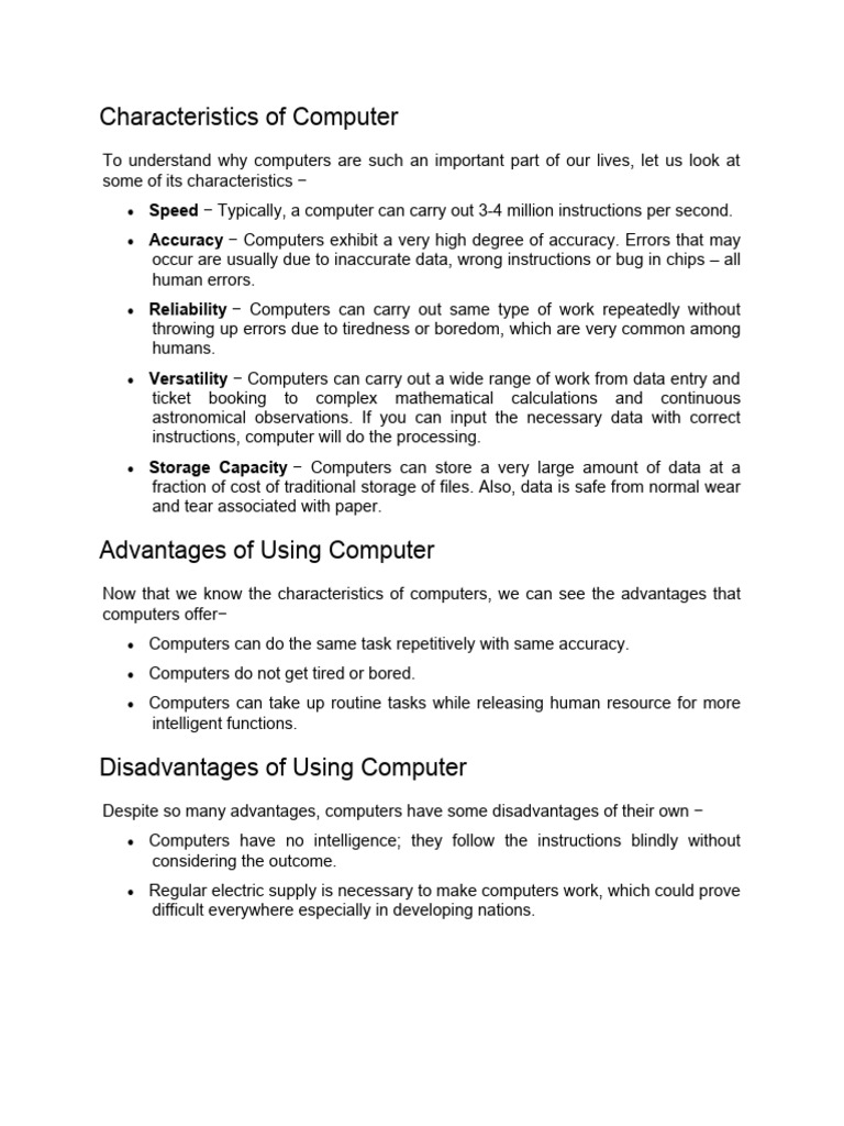 Characteristics of Computer and Advantages Disadvantages | PDF