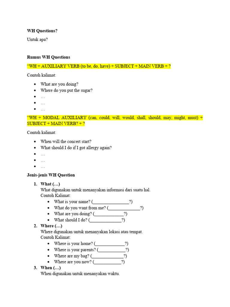 Panduan Lengkap WH Questions | PDF | Seni & Disiplin Bahasa