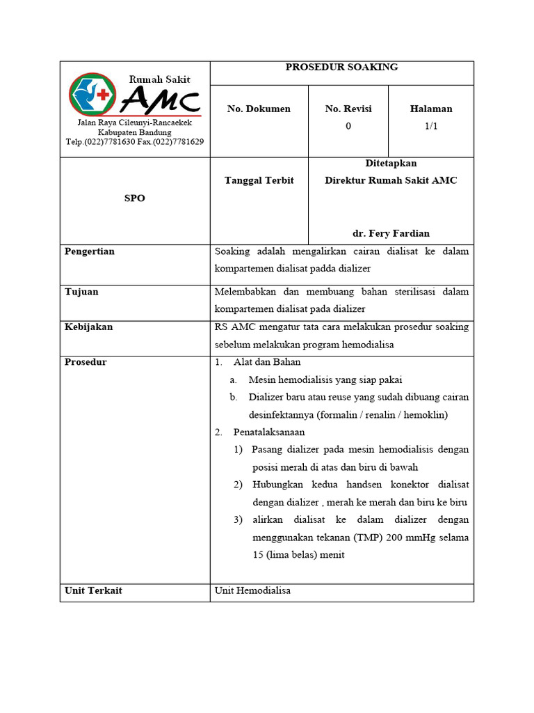 Prosedur Soaking dan Rinsing Hemodialisa | PDF
