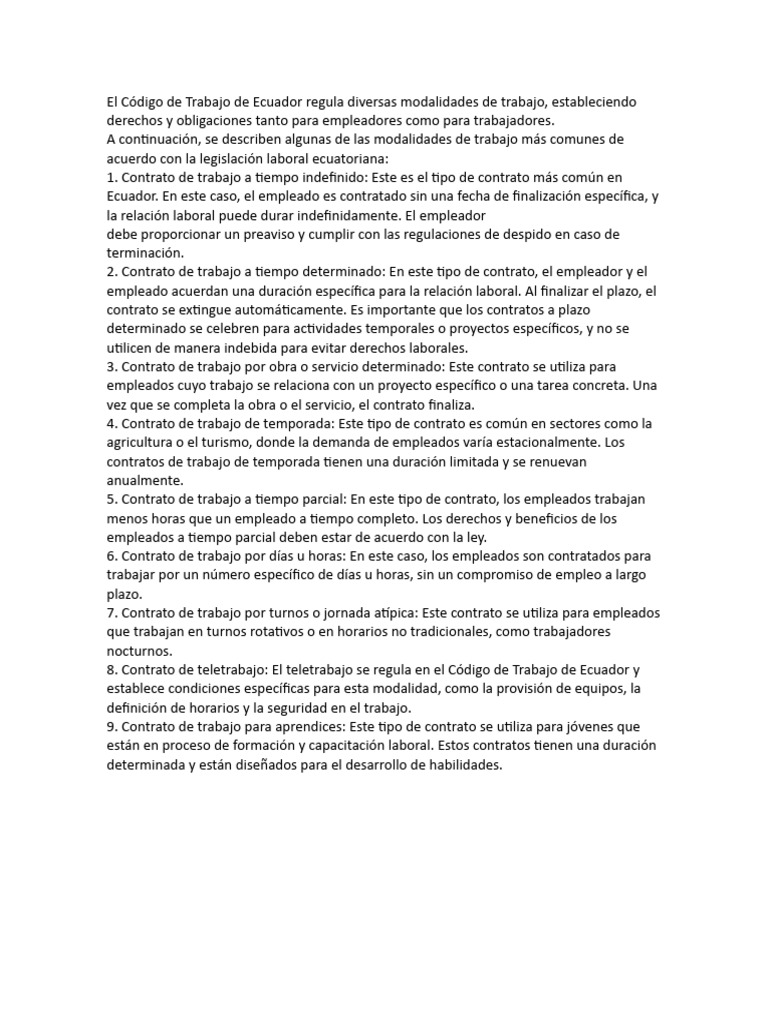 El Código de Trabajo de Ecuador regula diversas modalidades de trabajo