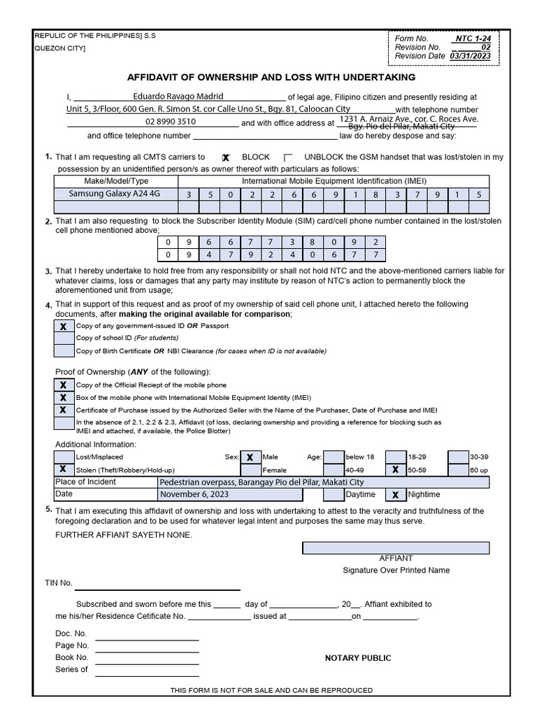 Form No. NTC 1-24 AFFIDAVIT OF OWNERSHIP AND LOSS WITH UNDERTAKING ...