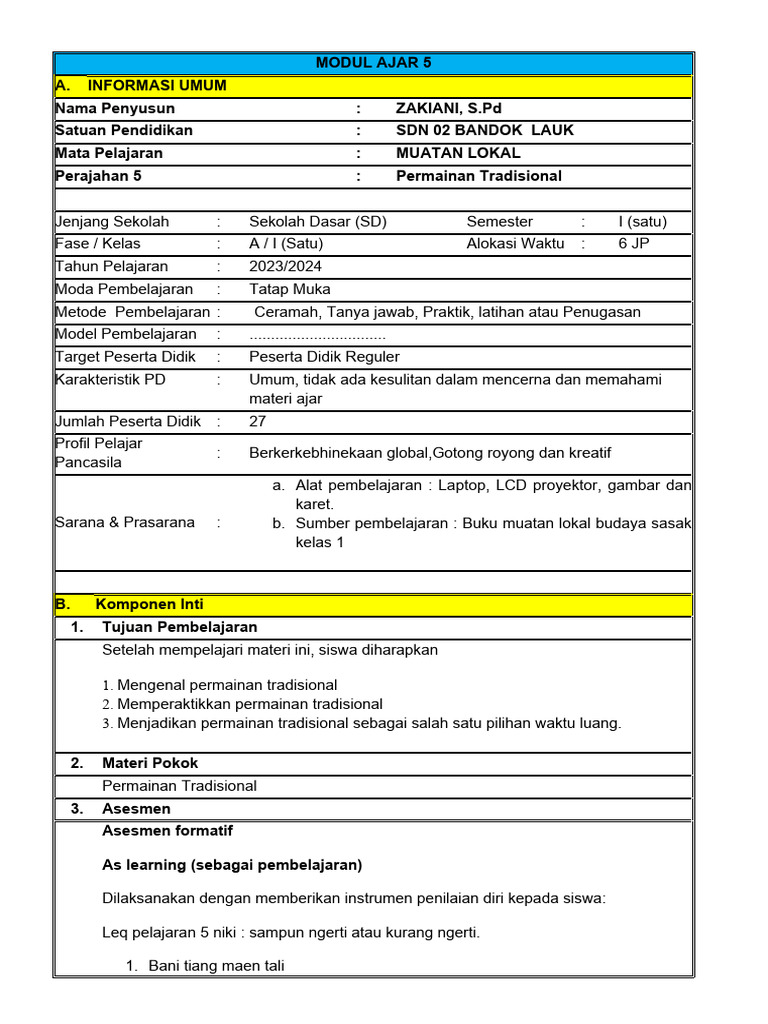Modul Permainan Tradisional Kelas 1 SD | PDF | Karier & Perkembangan