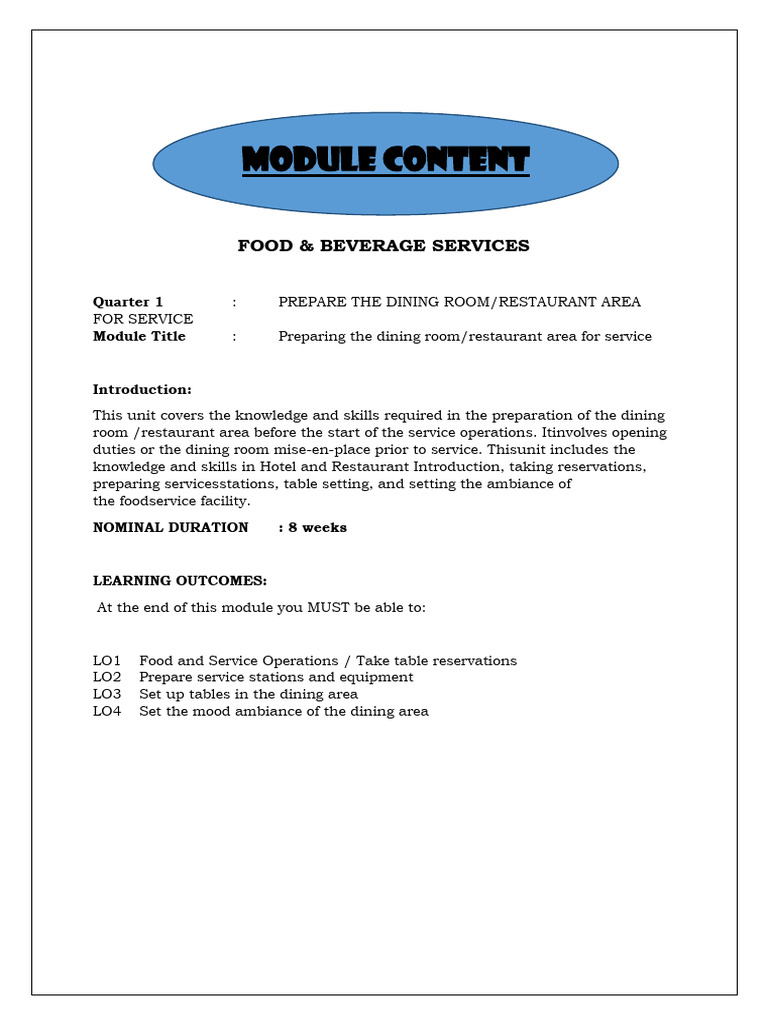 Dining Room Preparation for Service | PDF | Foodservice | Waiting Staff